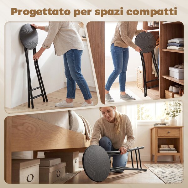 HOMCOM Set 2 Sgabelli Bar Pieghevoli con Doppio Poggiapiedi, in Legno e Acciaio, 34x30x70 cm, Nero | Aosom Italy