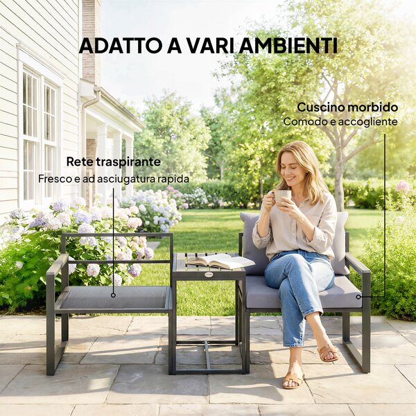 Outsunny Set da Bistrò da Giardino 3 Pezzi per 2 Persone, Tavolo e Sedie da Esterni con Seduta in Texteline e Cuscini, Grigio | Aosom Italy