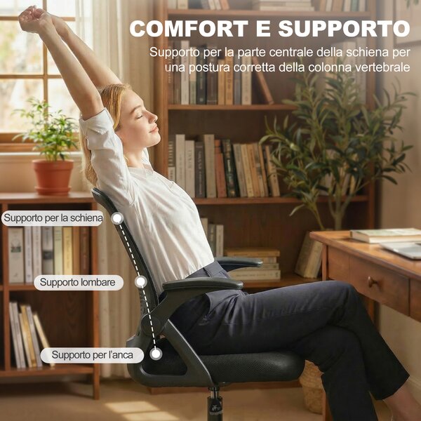HOMCOM Sedia da Ufficio Ergonomica con Supporto Lombare e Poggiapiedi, in Poliestere e Acciaio, 58x63x105-126 cm, Nero | Aosom Italy