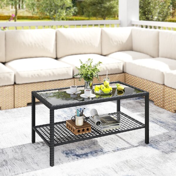 Outsunny Tavolino da Caffè a 2 livelli con Piano in Vetro Temperato e Ripiano, in Acciaio e Rattan, 92x50x45 cm, Nero | Aosom Italy