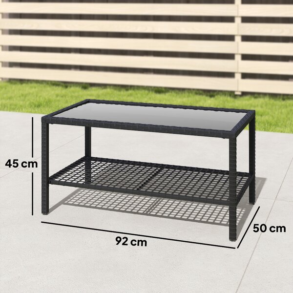 Outsunny Tavolino da Caffè a 2 livelli con Piano in Vetro Temperato e Ripiano, in Acciaio e Rattan, 92x50x45 cm, Nero | Aosom Italy