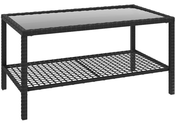 Outsunny Tavolino da Caffè a 2 livelli con Piano in Vetro Temperato e Ripiano, in Acciaio e Rattan, 92x50x45 cm, Nero | Aosom Italy