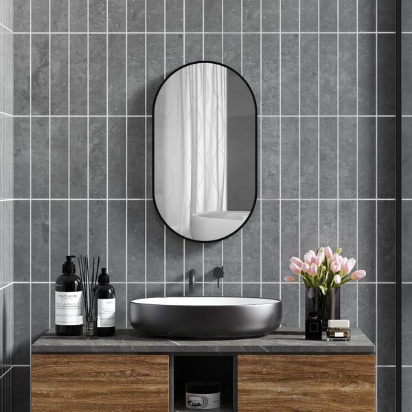 HOMCOM Specchio Bagno Ovale da Parete con Cornice in Alluminio, Verticale o Orizzontale, 40x70cm, Nero | Aosom Italy