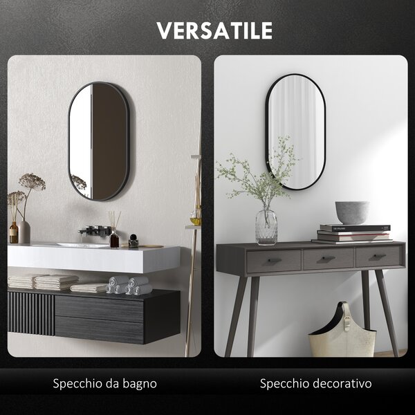 HOMCOM Specchio Bagno Ovale da Parete con Cornice in Alluminio, Verticale o Orizzontale, 40x70cm, Nero | Aosom Italy