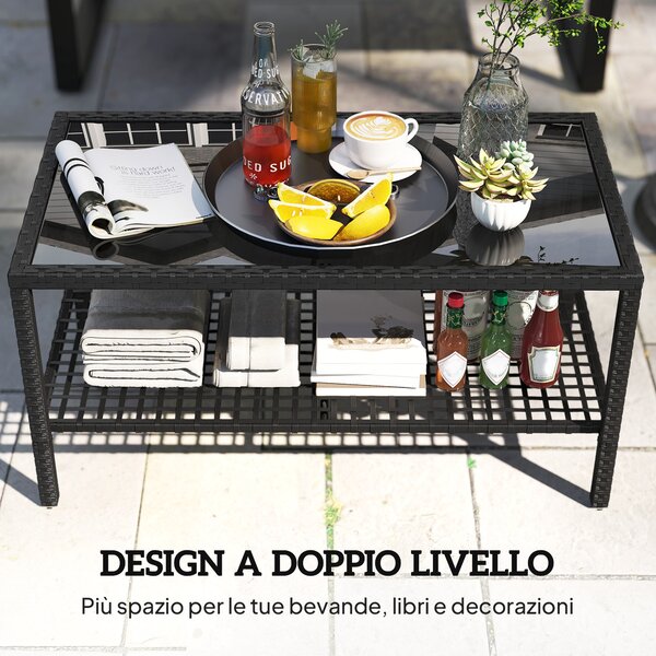Outsunny Tavolino da Caffè a 2 livelli con Piano in Vetro Temperato e Ripiano, in Acciaio e Rattan, 92x50x45 cm, Nero | Aosom Italy