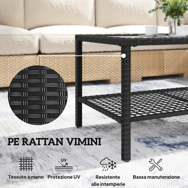 Outsunny Tavolino da Caffè a 2 livelli con Piano in Vetro Temperato e Ripiano, in Acciaio e Rattan, 92x50x45 cm, Nero | Aosom Italy