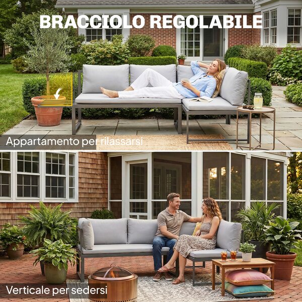 Outsunny Set da Giardino 3pz con Divano Angolare 4 Posti e Tavolino a Doghe, in Metallo e Poliestere Grigio | Aosom Italy