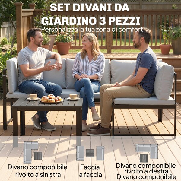 Outsunny Set da Giardino 3pz con Divano Angolare 4 Posti e Tavolino a Doghe, in Metallo e Poliestere Grigio | Aosom Italy