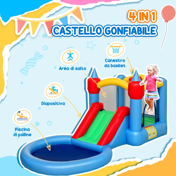 AIYAPLAY Castello Gonfiabile Trampolino 4 in 1, Scivolo, 415x205x190cm, Multicolore | Aosom Italy