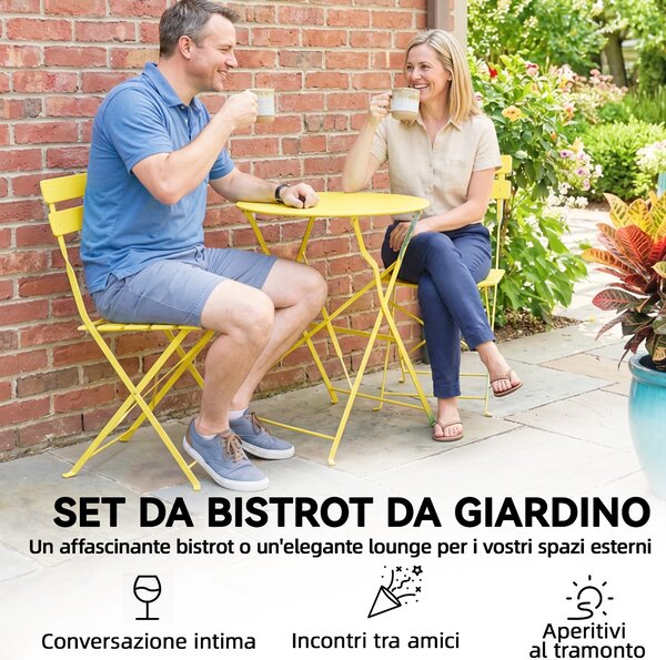 Outsunny Set Bistrò, Tavolo e Sedie Pieghevoli per 2, Giardino, Giallo. | Aosom Italy
