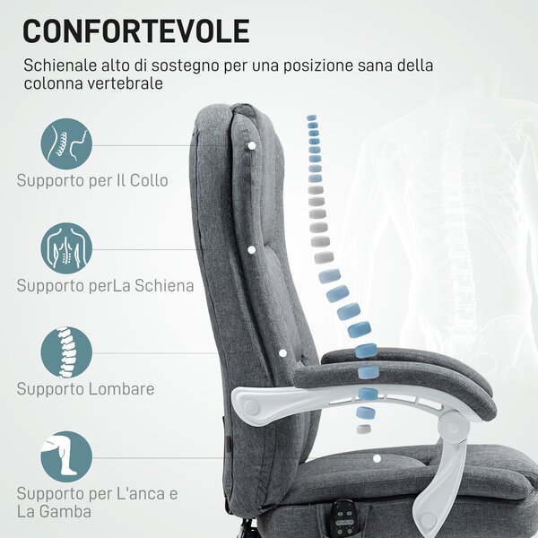 HOMCOM Sedia da Ufficio Massaggiante e Riscaldata, Reclinabile in Tessuto Effetto Lino, con Poggiapiedi, Grigio | Aosom Italy
