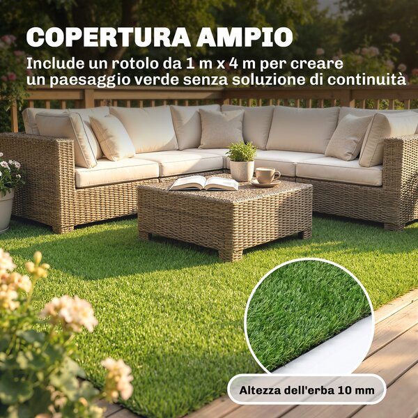 Outsunny Prato Artificiale 1m x 4m, Tappeto Sintetico con Altezza 10mm, Drenante, Verde | Aosom Italy