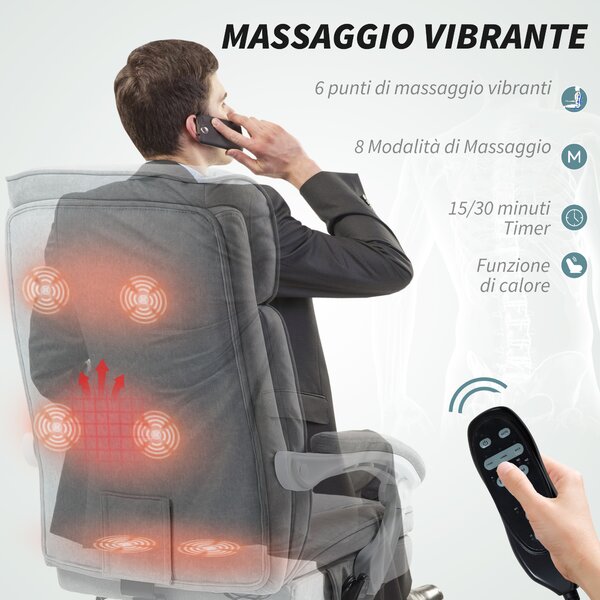 HOMCOM Sedia da Ufficio Massaggiante e Riscaldata, Reclinabile in Tessuto Effetto Lino, con Poggiapiedi, Grigio | Aosom Italy