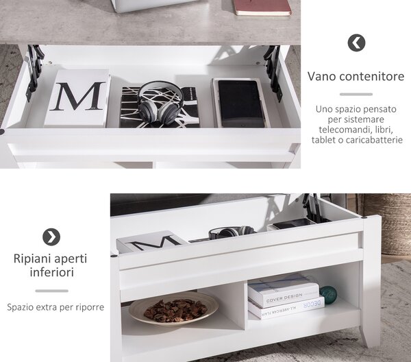 HOMCOM Tavolino rettangolare con piano sollevabile, 2 scomparti aperti, pannello truciolare 105 x 50 x 49 cm - bianco