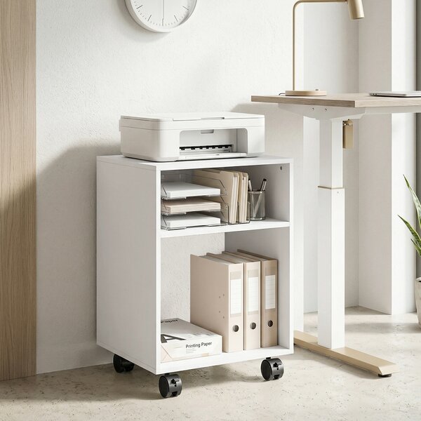 HOMCOM Mobile Porta Stampante in Legno con Ruote a Freno e 2 Scomparti Aperti, 40x35x55 cm, per Ufficio Studio, Bianco | Aosom Italy