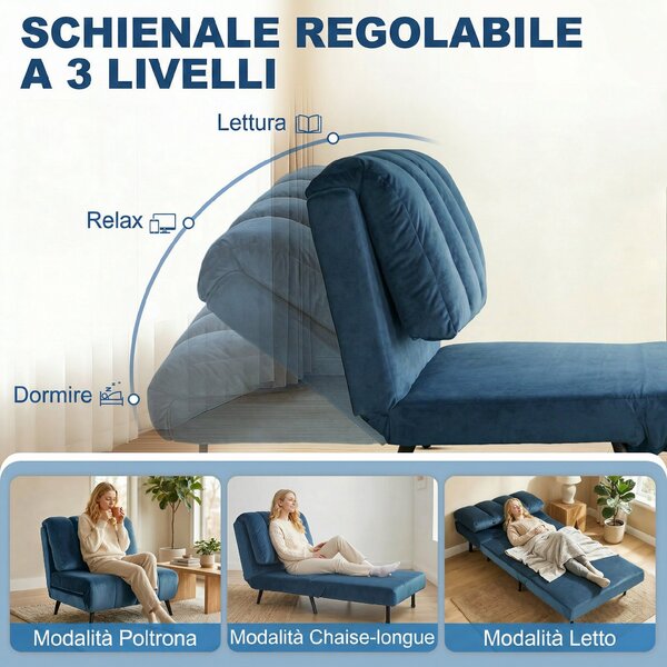 HOMCOM Poltrona Letto Pieghevole Trasformabile con Schienale Regolabile, Blu | Aosom Italy