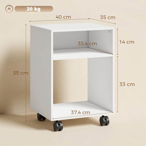 HOMCOM Mobile Porta Stampante in Legno con Ruote a Freno e 2 Scomparti Aperti, 40x35x55 cm, per Ufficio Studio, Bianco | Aosom Italy