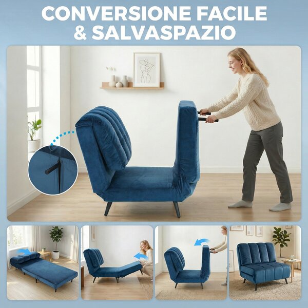 HOMCOM Poltrona Letto Pieghevole Trasformabile con Schienale Regolabile, Blu | Aosom Italy