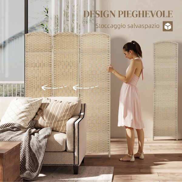 HOMCOM Paravento da Interno a 3 Pannelli Pieghevole, 135x180 cm, Separé Intrecciato in PP e Legno di Pino, Rovere | Aosom Italy