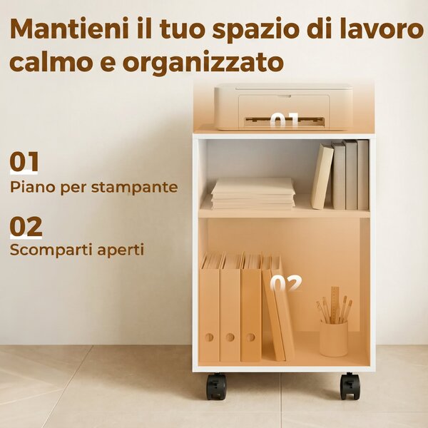 HOMCOM Mobile Porta Stampante in Legno con Ruote a Freno e 2 Scomparti Aperti, 40x35x55 cm, per Ufficio Studio, Bianco | Aosom Italy