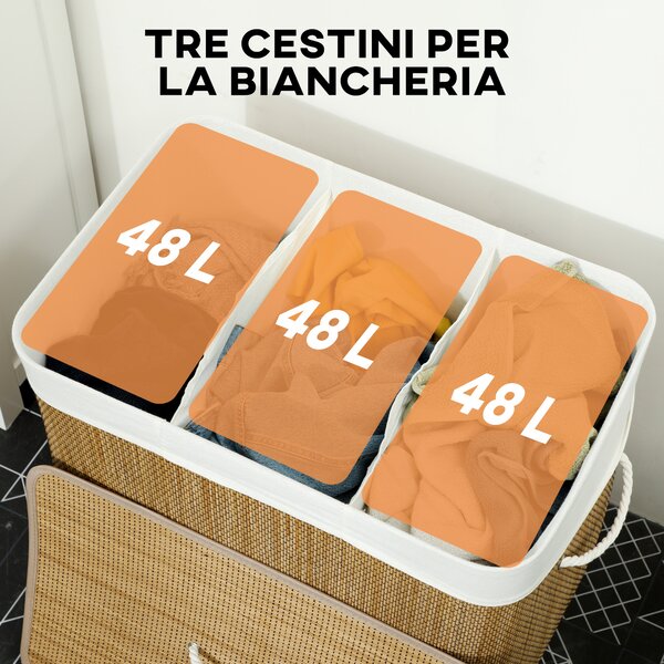 HOMCOM Cesto Portabiancheria in Bambù con Coperchio, 144L, 3 Scomparti, Sacca Removibile e Lavabile, Maniglie, Marrone | Aosom Italy