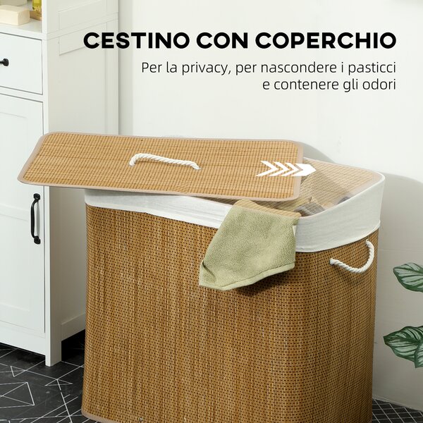 HOMCOM Cesto Portabiancheria in Bambù con Coperchio, 144L, 3 Scomparti, Sacca Removibile e Lavabile, Maniglie, Marrone | Aosom Italy