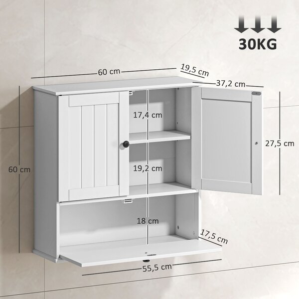 HOMCOM Mobile Bagno da Parete con 3 Ante, Ripiano Regolabile, per Soggiorno e Ingresso, 60x19.5x60 cm, Bianco | Aosom Italy