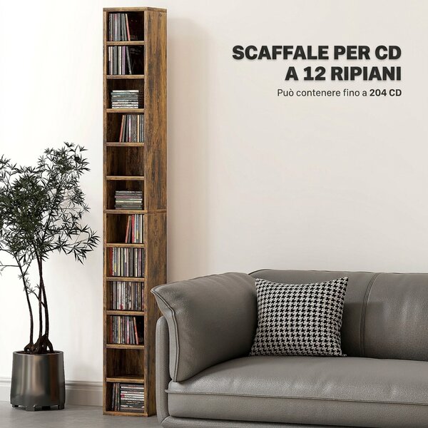 HOMCOM Mobile Libreria Porta CD a 12 Ripiani per 204 CD, in MDF e Truciolato, 21x20x175 cm, Marrone Rustico | Aosom Italy