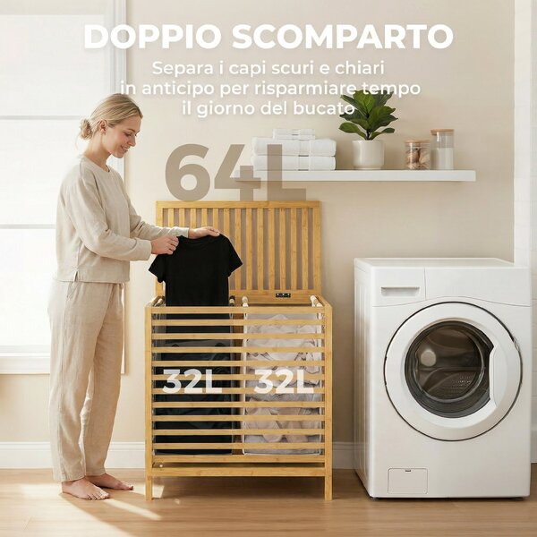 HOMCOM Cesto Portabiancheria in Bambù 64L con Coperchio, 2 Sacche in Tessuto Oxford Rimovibili e Lavabili, Color Legno | Aosom Italy