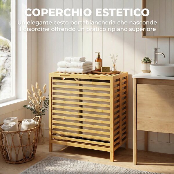 HOMCOM Cesto Portabiancheria in Bambù 64L con Coperchio, 2 Sacche in Tessuto Oxford Rimovibili e Lavabili, Color Legno | Aosom Italy