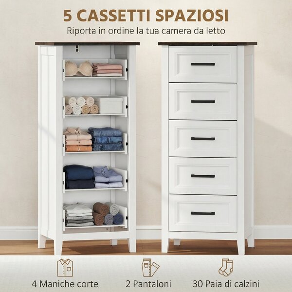 HOMCOM Cassettiera con 5 Cassetti, Mobile Alto per Camera da Letto e Soggiorno | Aosom Italy
