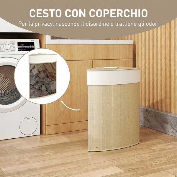 HOMCOM Cesto Portabiancheria Angolare da 55L con Sacco Estraibile e Coperchio Removibile, in Bambù, 35x35x60 cm, Color Legno | Aosom Italy