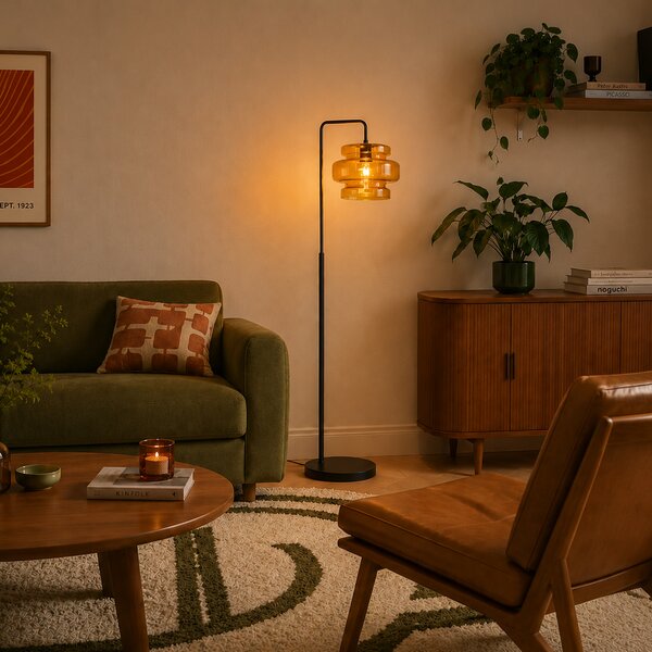 Lampada da terra retrò nera con vetro arancione - Denise