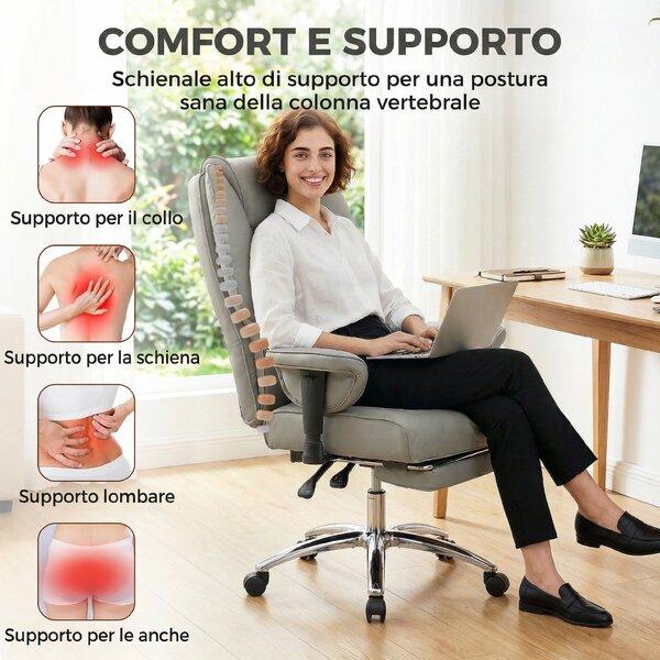 HOMCOM Sedia da Ufficio Ergonomica Reclinabile con Poggiapiedi, Schienale Alto, Altezza Regolabile, Grigio Chiaro | Aosom Italy