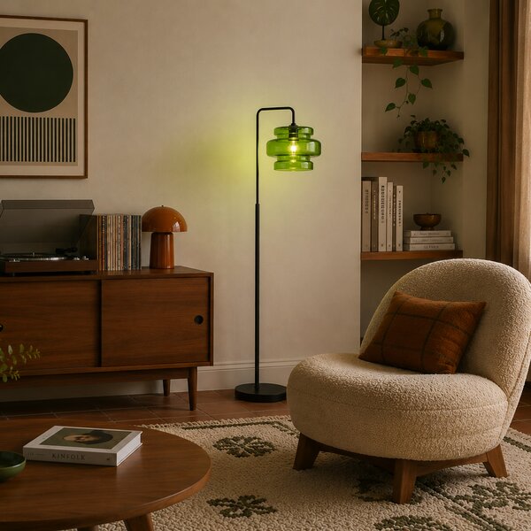 Lampada da terra retrò nera con vetro verde - Denise