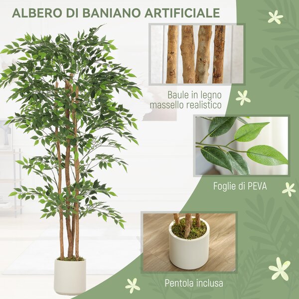 HOMCOM Pianta Artificiale di Baniano in PEVA e Legno con Rami Orientabili e Vaso Contenitore in PP e Cemento | Aosom Italy