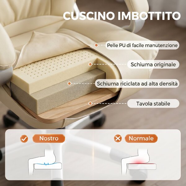 HOMCOM Sedia Ufficio Girevole in Pelle PU, Funzione Dondolo, Schienale Alto, Altezza Regolabile, Capacità 120kg, Nero | Aosom Italy