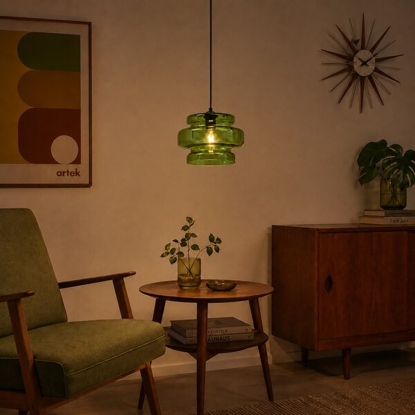 Lampada a sospensione retrò nera con vetro verde - Denise