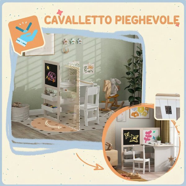 AIYAPLAY Set Tavolo e Sedia per Bambini 3-8 Anni con Lavagna Nera, Lavagna Bianca, Contenitori e Rotolo di Carta, Bianco | Aosom Italy