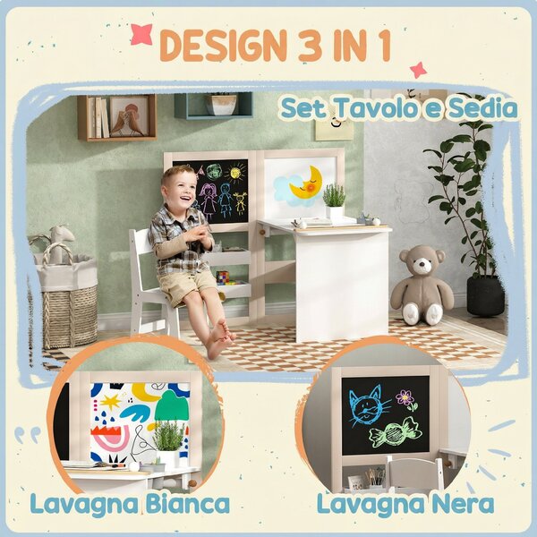 AIYAPLAY Set Tavolo e Sedia per Bambini 3-8 Anni con Lavagna Nera, Lavagna Bianca, Contenitori e Rotolo di Carta, Bianco | Aosom Italy