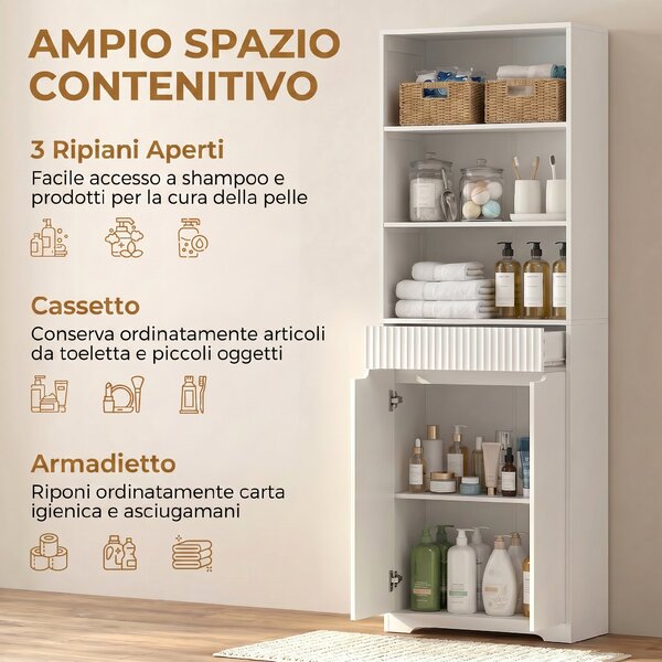 HOMCOM Mobile Bagno Alto, Armadietto Stretto, 3 Ripiani Aperti, Cassetto, Bianco | Aosom Italy