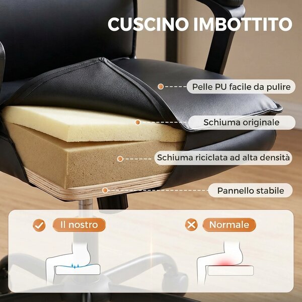 HOMCOM Sedia Ufficio Girevole in Pelle PU, Funzione Dondolo, Schienale Alto, Altezza Regolabile, Capacità 120kg, Nero | Aosom Italy