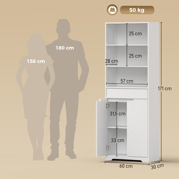 HOMCOM Mobile Bagno Alto, Armadietto Stretto, 3 Ripiani Aperti, Cassetto, Bianco | Aosom Italy