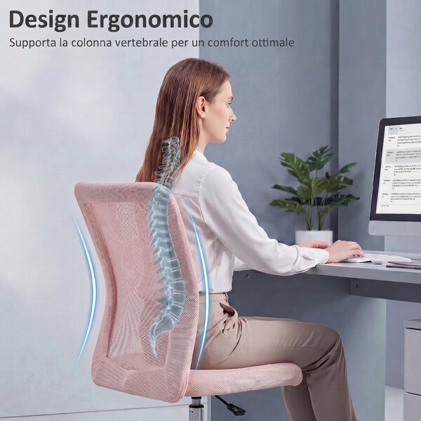 Vinsetto Sedia ufficio ergonomica senza braccioli in rete, Rosa | Aosom Italy