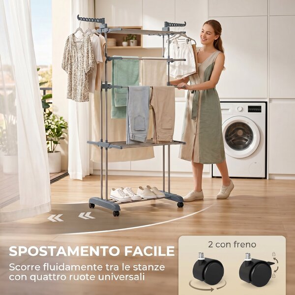 HOMCOM Stendibiancheria pieghevole 5 livelli con ruote, Grigio | Aosom Italy