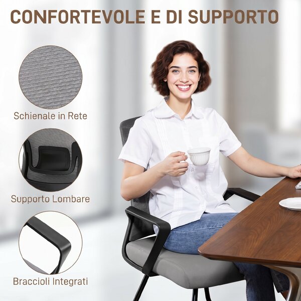 HOMCOM Sedia Ufficio in Tessuto Rete Trasparente Senza Ruote per Sala d'Attesa e Sala Conferenze, Grigio scuro | Aosom Italy