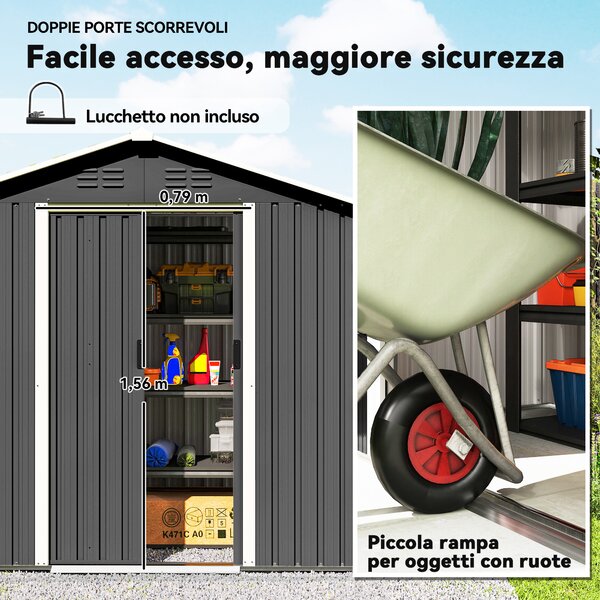 Outsunny Casetta da Giardino Capanno Porta Attrezzi Acciaio 194x107x191 cm, Grigio | Aosom Italy