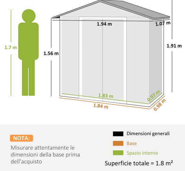 Outsunny Casetta da Giardino Capanno Porta Attrezzi Acciaio 194x107x191 cm, Grigio | Aosom Italy