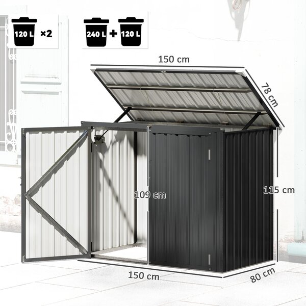 Outsunny Casetta da Esterno con 2 Porte Bloccabili e Tetto Apribile, Capanno da Giardino Copri Bidoni in Acciaio, 150x80x117/115 cm, Grigio | Aosom Italy
