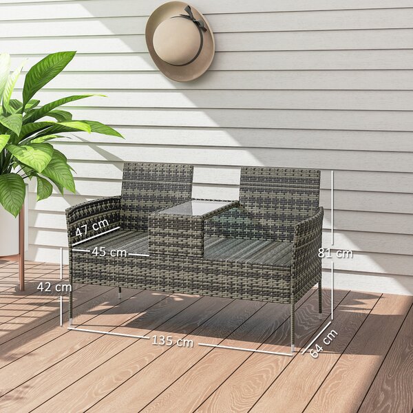 Outsunny Panchina da Esterno 2 Posti con Tavolino da Caffè, in Acciaio e Rattan PE, 137x59x82 cm, Grigio | Aosom Italy
